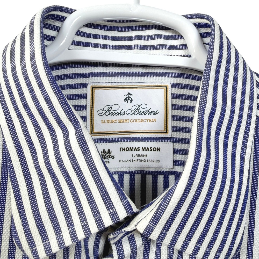 Brooks Brothers Thomas Mason Dress Shirt Regent Fit Striped Blue White 17/34